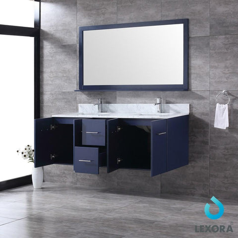 Image of Amelie 60" Navy Blue Double Vanity | White Carrara Marble Top | White Square Sinks and 60" Mirror