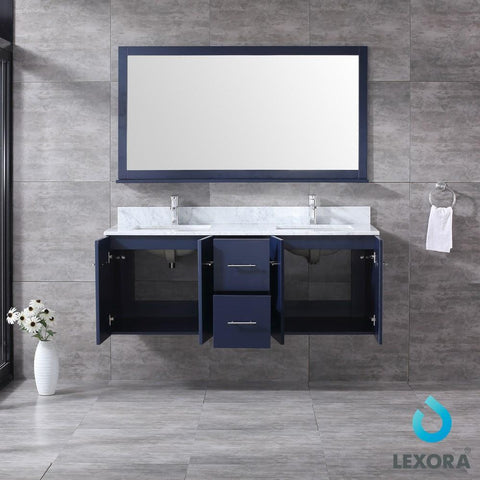 Image of Amelie 60" Navy Blue Double Vanity | White Carrara Marble Top | White Square Sinks and 60" Mirror