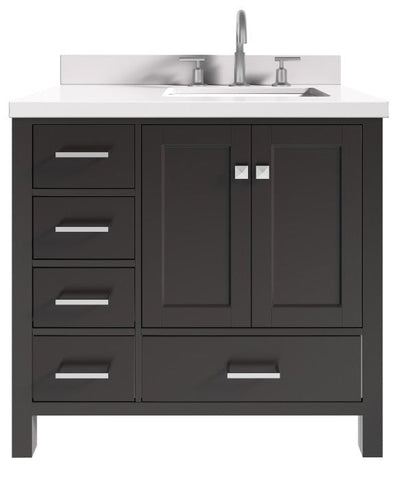 Image of Ariel Cambridge Espresso Transitional 37" Right Offset Rectangle Sink Vanity w/ White Quartz Countertop | A037SRWQRVOESP