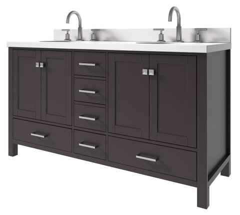 Image of Ariel Cambridge Espresso Transitional 61" Double Oval Sink Vanity w/ White Quartz Countertop | A061DWQOVOESP A061DWQOVOESP