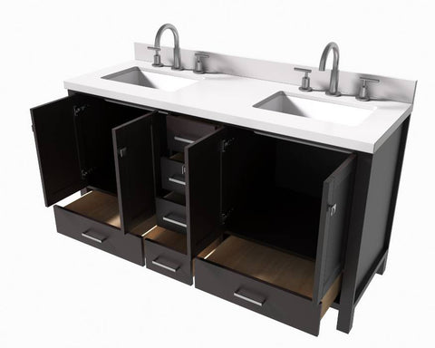 Image of Ariel Cambridge Espresso Transitional 61" Double Rectangle Sink Vanity w/ White Quartz Countertop | A061DWQRVOESP A061DWQRVOESP