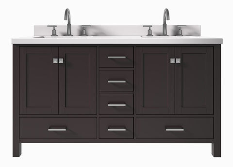 Image of Ariel Cambridge Espresso Transitional 61" Double Rectangle Sink Vanity w/ White Quartz Countertop | A061DWQRVOESP A061DWQRVOESP