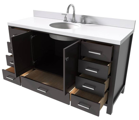 Image of Ariel Cambridge Espresso Transitional 61" Oval Sink Vanity w/ White Quartz Countertop | A061SWQOVOESP A061SWQOVOESP