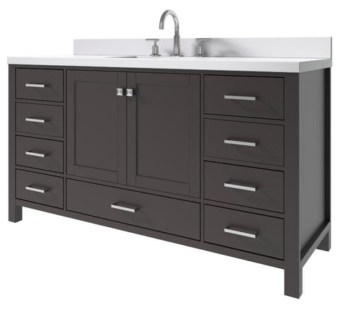 Image of Ariel Cambridge Espresso Transitional 61" Rectangle Sink Vanity w/ White Quartz Countertop | A061SWQRVOESP