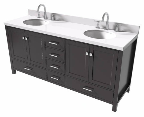 Image of Ariel Cambridge Espresso Transitional 73" Double Oval Sink Vanity w/ White Quartz Countertop | A073DWQOVOESP A073DWQOVOESP