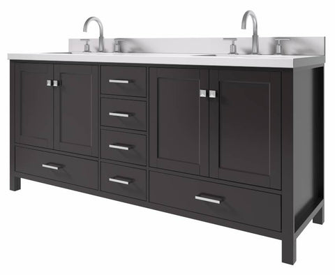 Image of Ariel Cambridge Espresso Transitional 73" Double Rectangle Sink Vanity w/ White Quartz Countertop | A073DWQRVOESP A073DWQRVOESP
