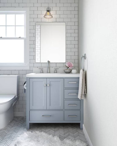 Image of Ariel Cambridge Grey Transitional 37" Left Offset Oval Sink Vanity w/ White Quartz Countertop | A037SLWQOVOGRY A037SLWQOVOGRY