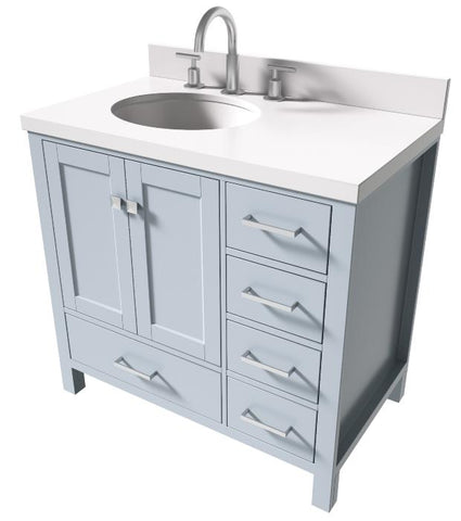 Image of Ariel Cambridge Grey Transitional 37" Left Offset Oval Sink Vanity w/ White Quartz Countertop | A037SLWQOVOGRY A037SLWQOVOGRY