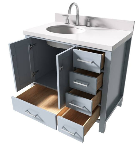 Image of Ariel Cambridge Grey Transitional 37" Left Offset Oval Sink Vanity w/ White Quartz Countertop | A037SLWQOVOGRY A037SLWQOVOGRY