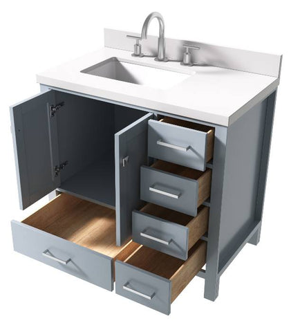 Image of Ariel Cambridge Grey Transitional 37" Left Offset Rectangle Sink Vanity w/ White Quartz Countertop | A037SLWQRVOGRY A037SLWQRVOGRY