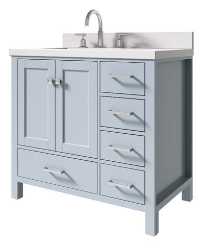 Image of Ariel Cambridge Grey Transitional 37" Left Offset Rectangle Sink Vanity w/ White Quartz Countertop | A037SLWQRVOGRY A037SLWQRVOGRY