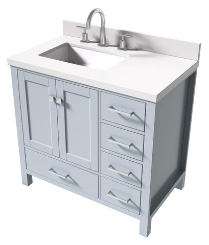 Image of Ariel Cambridge Grey Transitional 37" Left Offset Rectangle Sink Vanity w/ White Quartz Countertop | A037SLWQRVOGRY A037SLWQRVOGRY