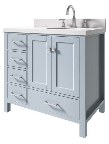 Image of Ariel Cambridge Grey Transitional 37" Right Offset Rectangle Sink Vanity w/ White Quartz Countertop | A037SRWQOVOGRY A037SRWQOVOGRY
