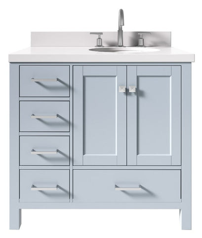 Image of Ariel Cambridge Grey Transitional 37" Right Offset Rectangle Sink Vanity w/ White Quartz Countertop | A037SRWQOVOGRY A037SRWQOVOGRY