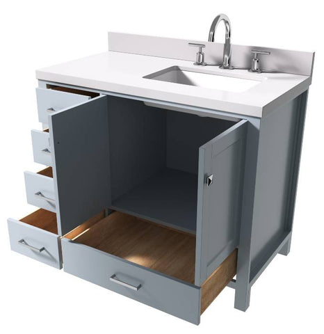 Image of Ariel Cambridge Grey Transitional 43" Right Offset Rectangle Sink Vanity w/ White Quartz Countertop | A043SRWQRVOGRY A043SRWQRVOGRY