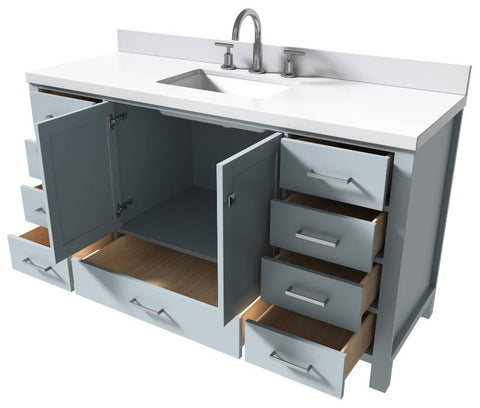 Image of Ariel Cambridge Grey Transitional 61" Rectangle Sink Vanity w/ White Quartz Countertop | A061SWQRVOGRY A061SWQRVOGRY
