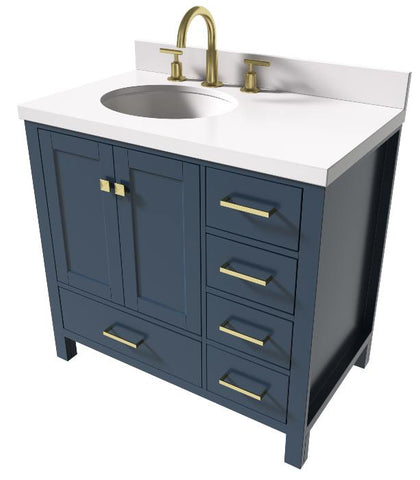 Image of Ariel Cambridge Midnight Blue Transitional 37" Left Offset Oval Sink Vanity w/ White Quartz Countertop | A037SLWQOVOMNB A037SLWQOVOMNB
