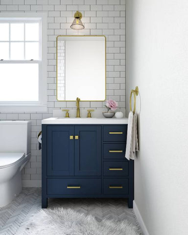Image of Ariel Cambridge Midnight Blue Transitional 37" Left Offset Oval Sink Vanity w/ White Quartz Countertop | A037SLWQOVOMNB A037SLWQOVOMNB