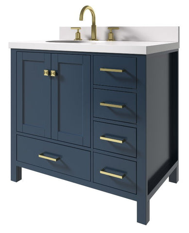 Image of Ariel Cambridge Midnight Blue Transitional 37" Left Offset Oval Sink Vanity w/ White Quartz Countertop | A037SLWQOVOMNB A037SLWQOVOMNB