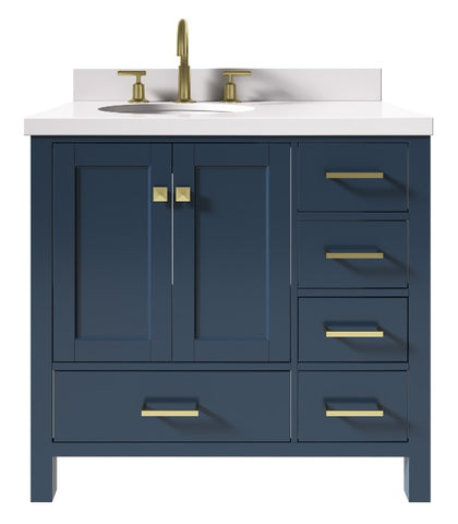 Image of Ariel Cambridge Midnight Blue Transitional 37" Left Offset Oval Sink Vanity w/ White Quartz Countertop | A037SLWQOVOMNB A037SLWQOVOMNB