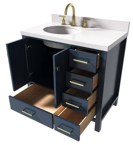 Image of Ariel Cambridge Midnight Blue Transitional 37" Left Offset Oval Sink Vanity w/ White Quartz Countertop | A037SLWQOVOMNB A037SLWQOVOMNB