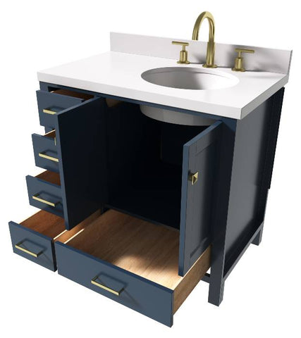 Image of Ariel Cambridge Midnight Blue Transitional 37" Right Offset Rectangle Sink Vanity w/ White Quartz Countertop | A037SRWQOVOMNB