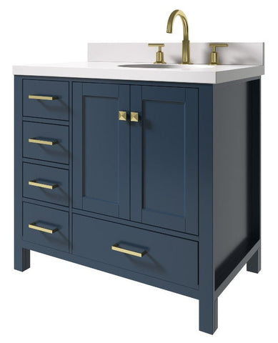 Image of Ariel Cambridge Midnight Blue Transitional 37" Right Offset Rectangle Sink Vanity w/ White Quartz Countertop | A037SRWQOVOMNB