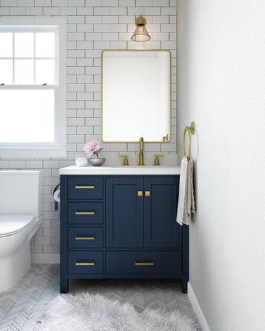 Image of Ariel Cambridge Midnight Blue Transitional 37" Right Offset Rectangle Sink Vanity w/ White Quartz Countertop | A037SRWQRVOMNB