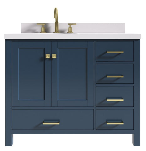 Image of Ariel Cambridge Midnight Blue Transitional 43" Left Offset Oval Sink Vanity w/ White Quartz Countertop | A043SLWQOVOMNB A043SLWQOVOMNB