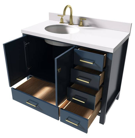 Image of Ariel Cambridge Midnight Blue Transitional 43" Left Offset Oval Sink Vanity w/ White Quartz Countertop | A043SLWQOVOMNB A043SLWQOVOMNB