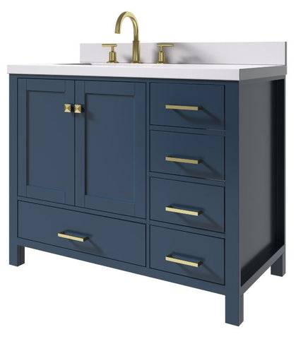 Image of Ariel Cambridge Midnight Blue Transitional 43" Left Offset Rectangle Sink Vanity w/ White Quartz Countertop | A043SLWQRVOMNB