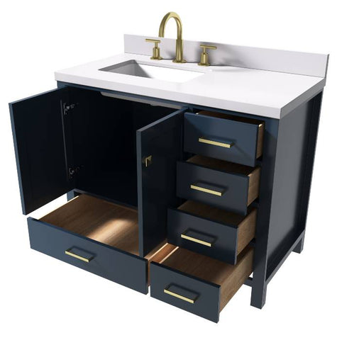 Image of Ariel Cambridge Midnight Blue Transitional 43" Left Offset Rectangle Sink Vanity w/ White Quartz Countertop | A043SLWQRVOMNB