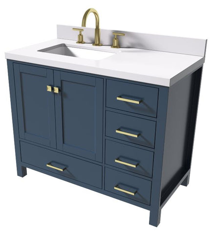Image of Ariel Cambridge Midnight Blue Transitional 43" Left Offset Rectangle Sink Vanity w/ White Quartz Countertop | A043SLWQRVOMNB