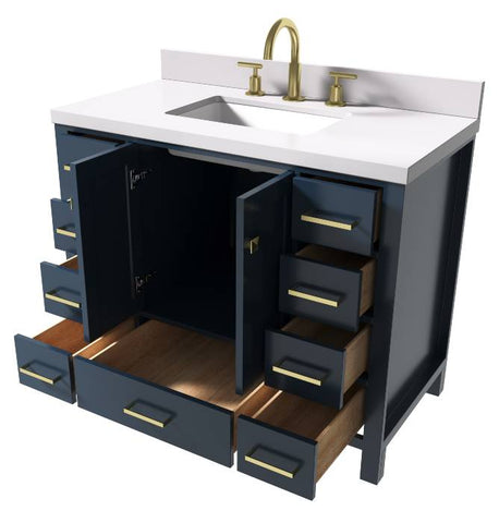 Image of Ariel Cambridge Midnight Blue Transitional 43" Rectangle Sink Vanity w/ White Quartz Countertop | A043SWQRVOMNB A043SWQRVOMNB