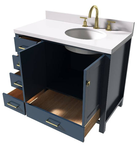 Image of Ariel Cambridge Midnight Blue Transitional 43" Right Offset Oval Sink Vanity w/ White Quartz Countertop | A043SRWQOVOMNB A043SRWQOVOMNB