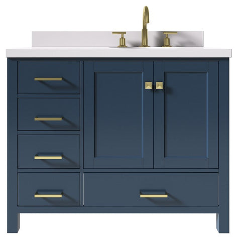 Image of Ariel Cambridge Midnight Blue Transitional 43" Right Offset Oval Sink Vanity w/ White Quartz Countertop | A043SRWQOVOMNB A043SRWQOVOMNB