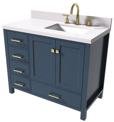 Image of Ariel Cambridge Midnight Blue Transitional 43" Right Offset Rectangle Sink Vanity w/ White Quartz Countertop | A043SRWQRVOMNB