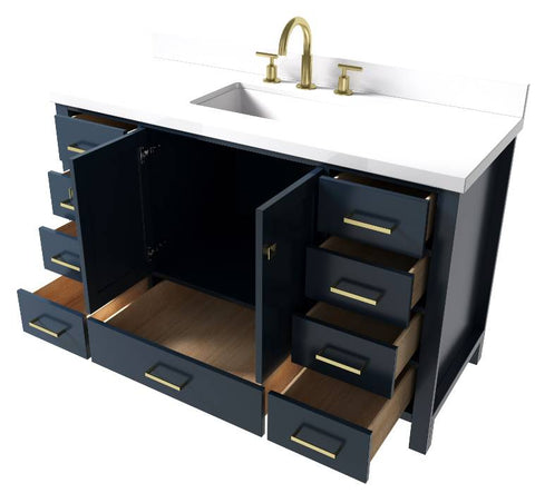 Image of Ariel Cambridge Midnight Blue Transitional 55" Rectangle Sink Vanity w/ White Quartz Countertop | A055SWQRVOMNB A055SWQRVOMNB