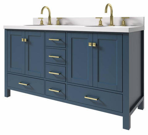 Image of Ariel Cambridge Midnight Blue Transitional 61" Double Oval Sink Vanity w/ White Quartz Countertop | A061DWQOVOMNB A061DWQOVOMNB