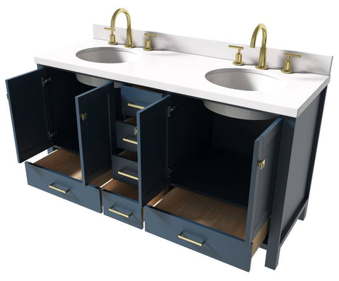 Image of Ariel Cambridge Midnight Blue Transitional 61" Double Oval Sink Vanity w/ White Quartz Countertop | A061DWQOVOMNB A061DWQOVOMNB