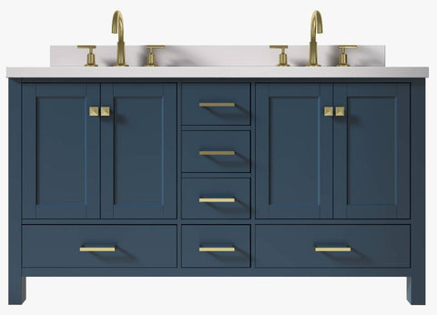 Image of Ariel Cambridge Midnight Blue Transitional 61" Double Rectangle Sink Vanity w/ White Quartz Countertop | A061DWQRVOMNB A061DWQRVOMNB