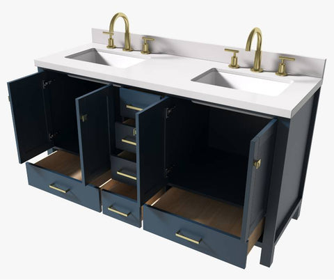 Image of Ariel Cambridge Midnight Blue Transitional 61" Double Rectangle Sink Vanity w/ White Quartz Countertop | A061DWQRVOMNB A061DWQRVOMNB