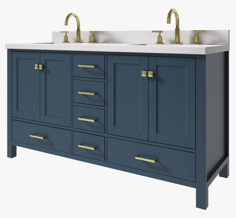 Image of Ariel Cambridge Midnight Blue Transitional 61" Double Rectangle Sink Vanity w/ White Quartz Countertop | A061DWQRVOMNB A061DWQRVOMNB