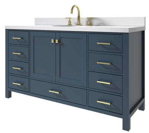 Image of Ariel Cambridge Midnight Blue Transitional 61" Oval Sink Vanity w/ White Quartz Countertop | A061SWQOVOMNB A061SWQOVOMNB