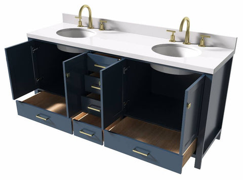 Image of Ariel Cambridge Midnight Blue Transitional 73" Double Oval Sink Vanity w/ White Quartz Countertop | A073DWQOVOMNB