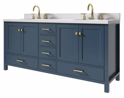Image of Ariel Cambridge Midnight Blue Transitional 73" Double Oval Sink Vanity w/ White Quartz Countertop | A073DWQOVOMNB