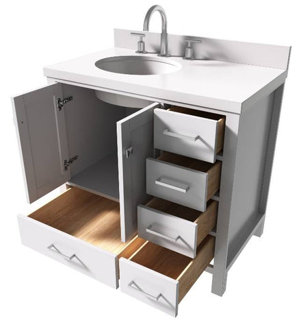 Image of Ariel Cambridge White Transitional 37" Left Offset Oval Sink Vanity w/ White Quartz Countertop | A037SLWQOVOWHT