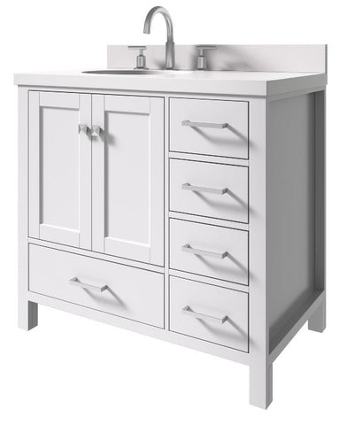 Image of Ariel Cambridge White Transitional 37" Left Offset Oval Sink Vanity w/ White Quartz Countertop | A037SLWQOVOWHT