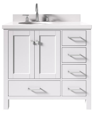 Image of Ariel Cambridge White Transitional 37" Left Offset Oval Sink Vanity w/ White Quartz Countertop | A037SLWQOVOWHT