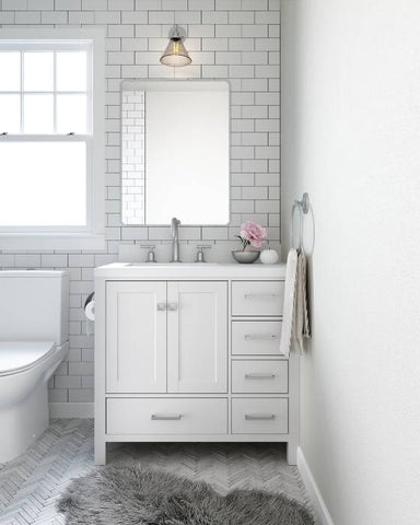 Image of Ariel Cambridge White Transitional 37" Left Offset Rectangle Sink Vanity w/ White Quartz Countertop | A037SLWQRVOWHT